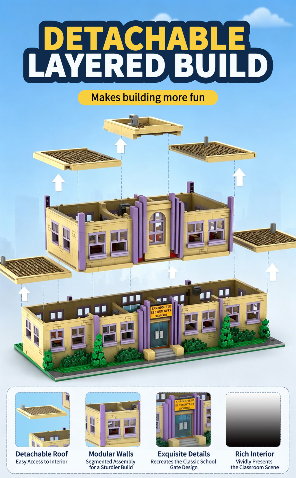 The Simpsons Springfield Elementary School Building Blocks Set, Modular Collectible Model Toy