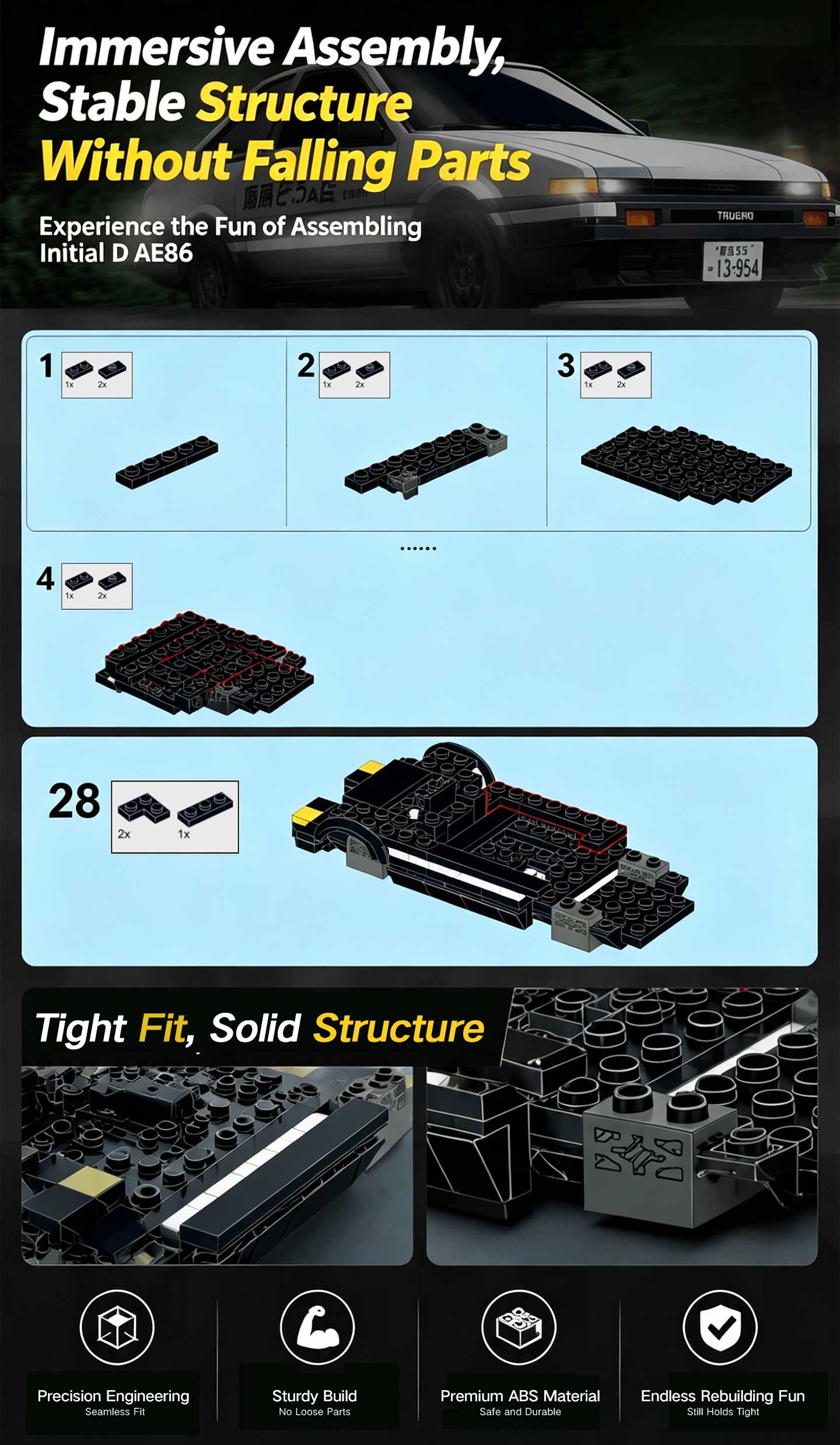 Initial D Toyota AE86 Building Block Car Model with Display Case, DIY Assemble Bricks Set for Adults & Kids, Collectible Anime Drift Car Toy