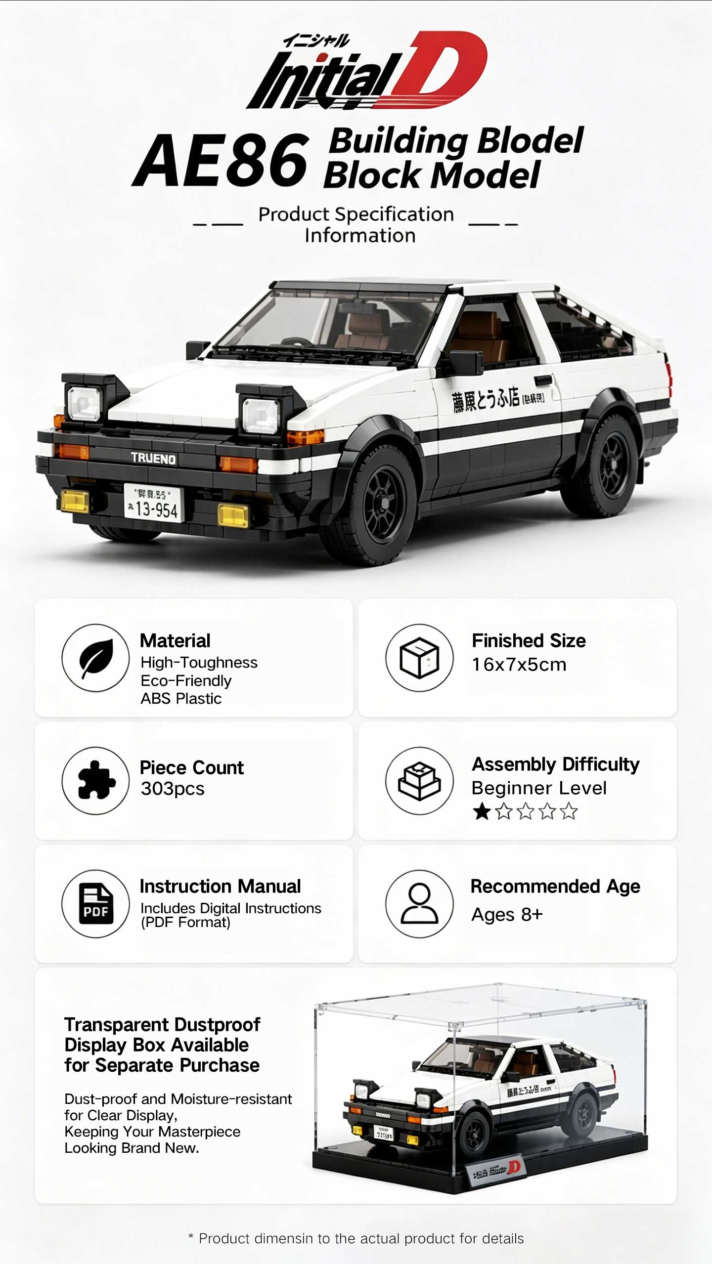 Initial D Toyota AE86 Building Block Car Model with Display Case, DIY Assemble Bricks Set for Adults & Kids, Collectible Anime Drift Car Toy