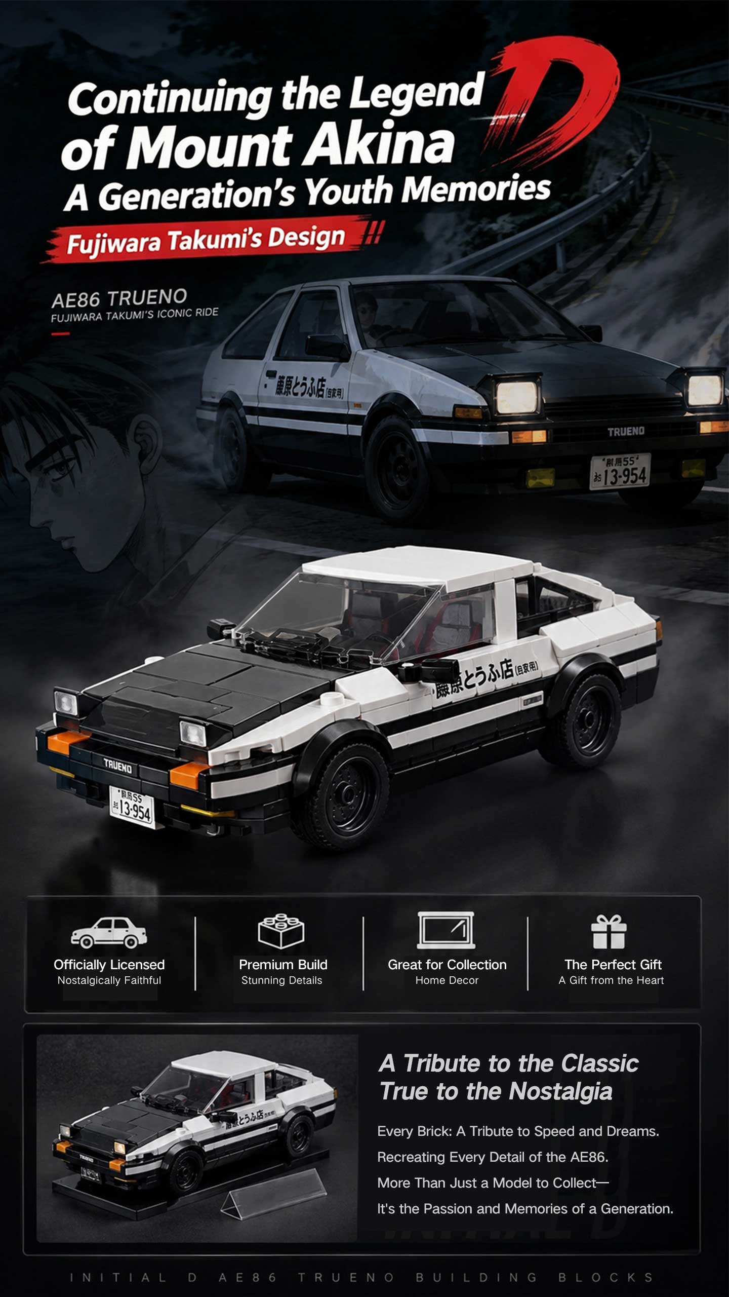 Initial D Toyota AE86 Building Block Car Model with Display Case, DIY Assemble Bricks Set for Adults & Kids, Collectible Anime Drift Car Toy